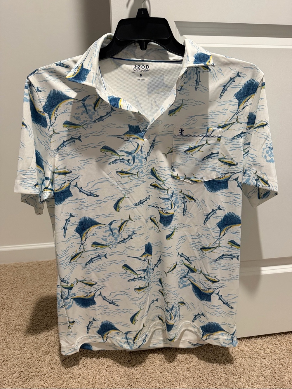 IZOD White Polo with Blue and Yellow Marlin Print